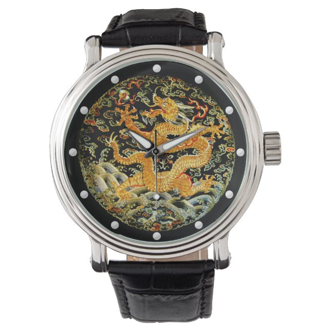 Dragon golden Chinese Qing Dynastie Stickerei Armbanduhr (Vorderseite)
