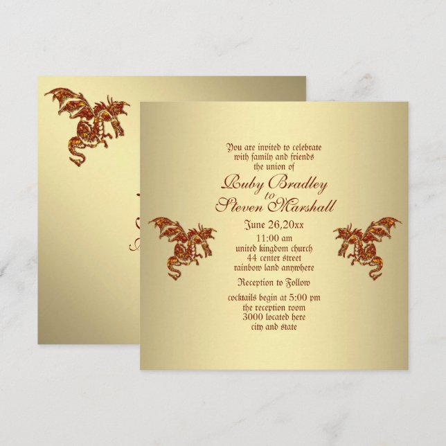 Dragon Golden Fantasy Wedding Thema Einladung (Vorne/Hinten)