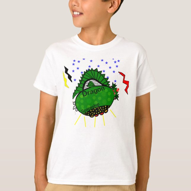 Dragon Green Spaceshiship Stars Blitzschläge T-Shirt (Vorderseite)