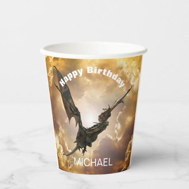 Dragon Happy Birthday Name Monogram Fantasy Pappbecher (Vorderseite)