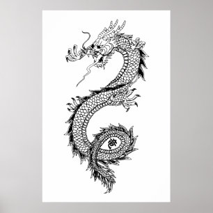 Dragon Illustration mit Dragon Kanji 竜 Poster