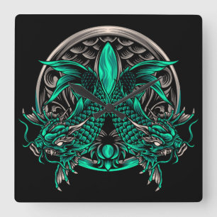 Dragon Koi Fish Quadratische Wanduhr