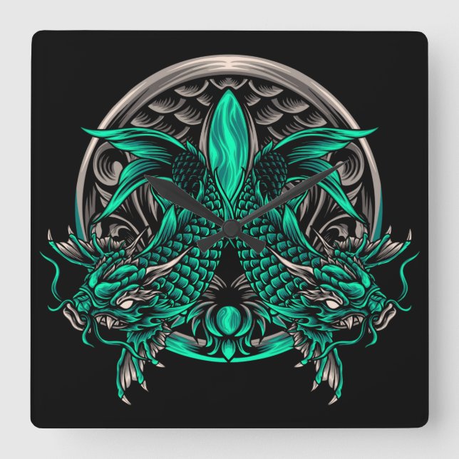 Dragon Koi Fish Quadratische Wanduhr (Vorderseite)