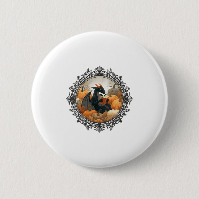 Dragon liest Bücher mit Fall Pumpkin Fant Button (Vorderseite)
