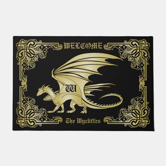 Dragon Monogram Gold Frame Traditionelle Buchabdec Fußmatte (Vorderseite)