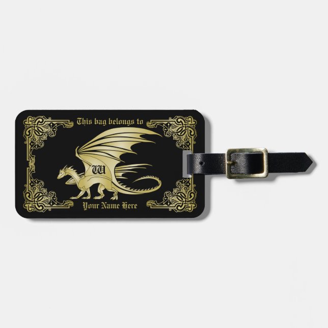 Dragon Monogram Gold Frame Traditionelle Buchabdec Gepäckanhänger (Vorderseite horizontal)