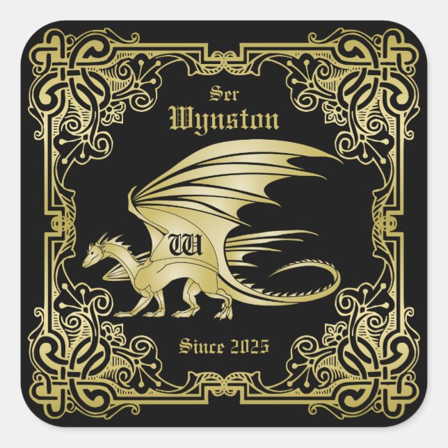 Dragon Monogram Gold Frame Traditionelle Buchabdec Quadratischer Aufkleber (Vorderseite)