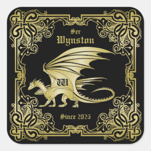 Dragon Monogram Gold Frame Traditionelle Buchabdec Quadratischer Aufkleber