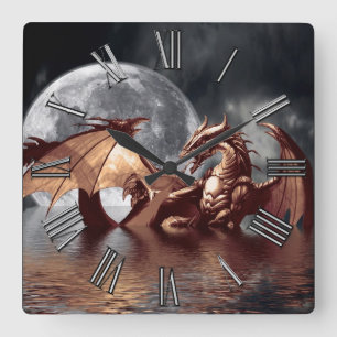 Dragon & Moon Fantasy Wall Clock Quadratische Wanduhr