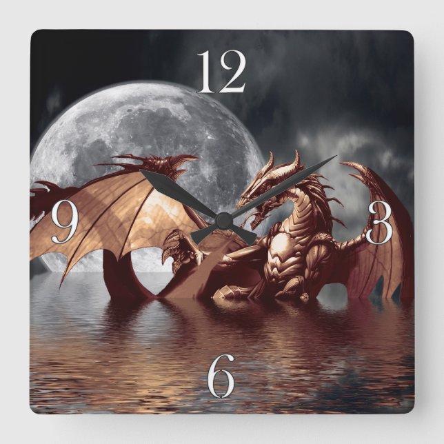 Dragon & Moon Fantasy Wall Clock Quadratische Wanduhr (Vorderseite)