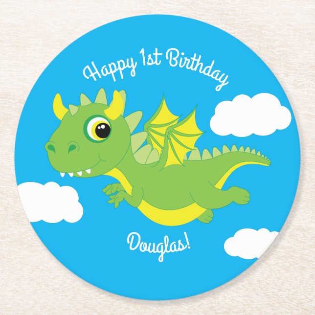Dragon Niedlich Kid's Birthday Runder Pappuntersetzer (Vorderseite)