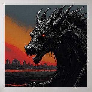 Dragon Noir Retro Poster Print