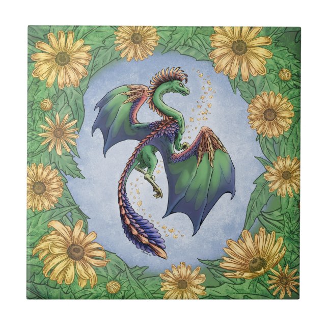 "Dragon of Summer" Blume und Blätter Fantasy Art Fliese (Vorderseite)