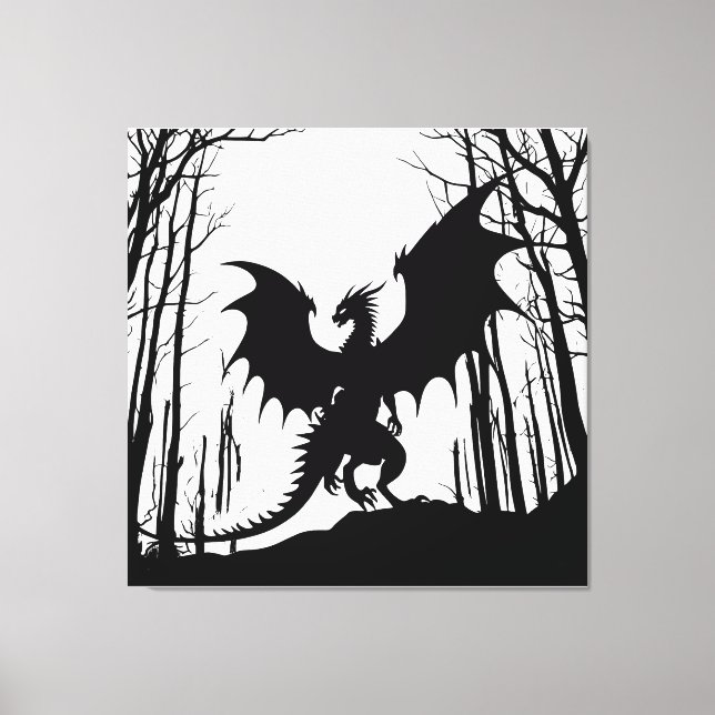 Dragon on White - Fantasy - Schwarze Silhouette | Leinwanddruck (Vorderseite)
