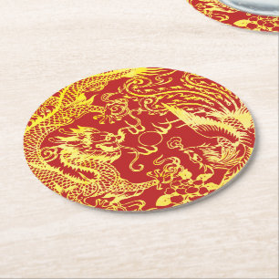Dragon phoenix Chinesisches Hochzeitlogo Runder Pappuntersetzer