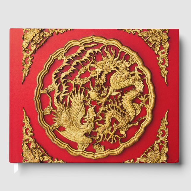 Dragon Phoenix Red Gold Chinesische Gastgeschenk H Gästebuch (Vorderseite)