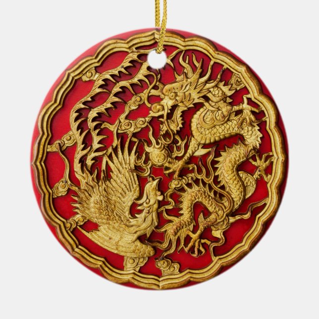 Dragon Phoenix Red Gold Chinesische Gastgeschenk H Keramik Ornament (Vorne)
