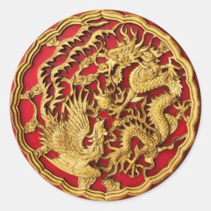 Dragon Phoenix Red Gold Chinesische Gastgeschenk H Runder Aufkleber