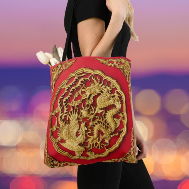 Dragon Phoenix Red Gold Chinesische Hochzeit (Dragon Phoenix Red Gold Chinese Wedding Tote Bag)