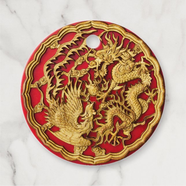 Dragon Phoenix Red Gold Chinesische Hochzeit Geschenkanhänger (Vorderseite)