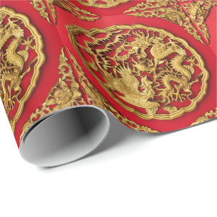 Dragon Phoenix Red Gold Chinesische Hochzeit Geschenkpapier