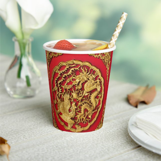 Dragon Phoenix Red Gold Chinesische Hochzeit Pappbecher (In Situ)