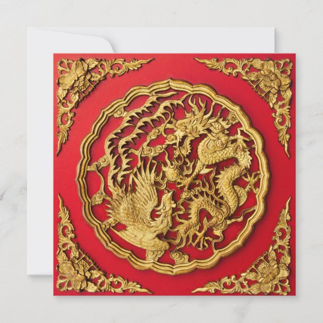 Dragon Phoenix Red Gold Chinesische Hochzeitseinla Einladung (Vorderseite)