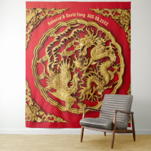 Dragon Phoenix Red Gold Chinesischer Hochzeitstag Wandteppich