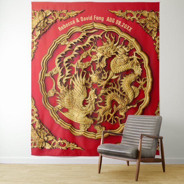 Dragon Phoenix Red Gold Chinesischer Hochzeitstag  Wandteppich (Beispiel)