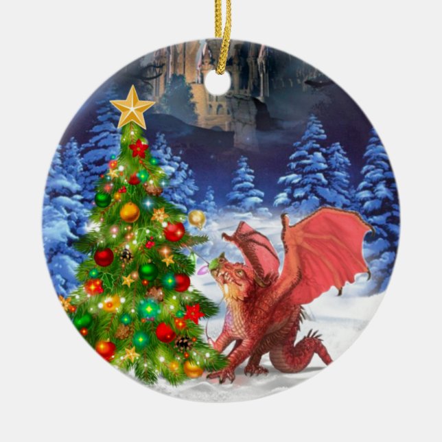 Dragon Pulling on Christmas Tree Keramikornament (Vorne)