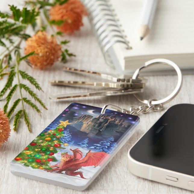 Dragon Pulling on Christmas Tree Schlüsselanhänger (Vorderseite rechts)