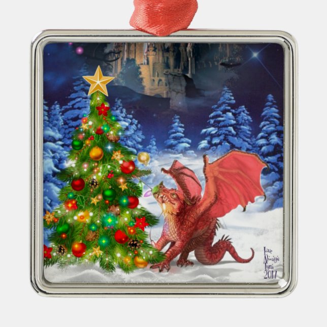Dragon Pulling on Christmas Tree Silbernes Ornament (Vorne)
