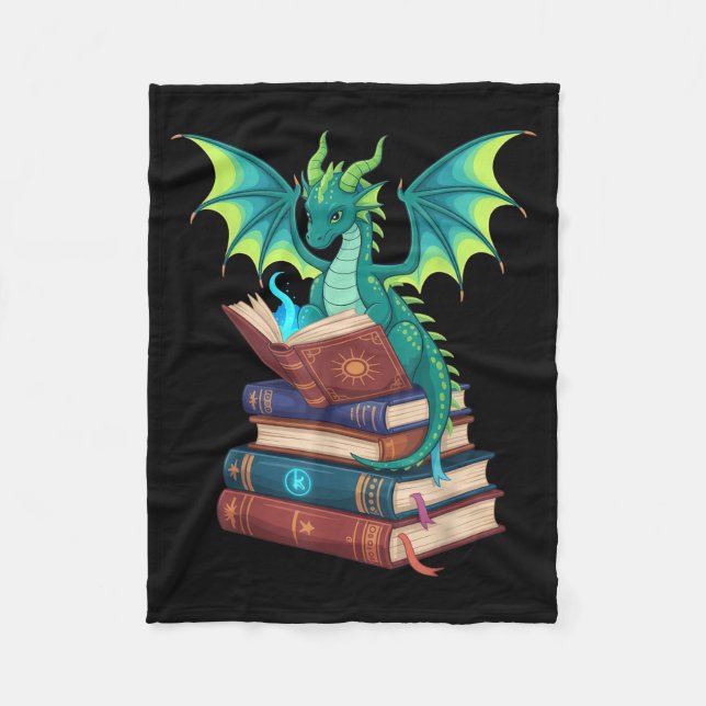 Dragon Reading Books Fantasy Lovers Mythical Creat Fleecedecke (Vorderseite)