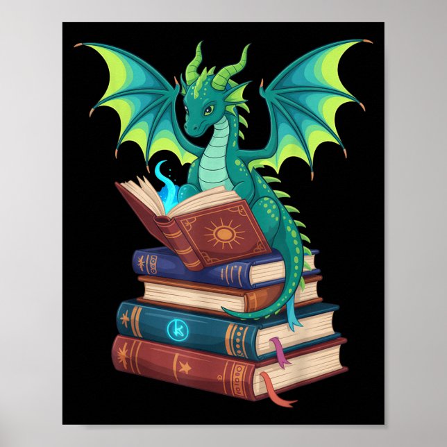 Dragon Reading Books Fantasy Lovers Mythical Creat Poster (Vorne)