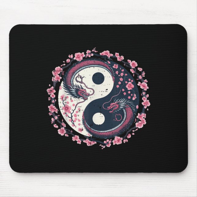 Dragon Sakura Yin Yang Japanisch Kirschblüten Wo Mousepad (Vorne)
