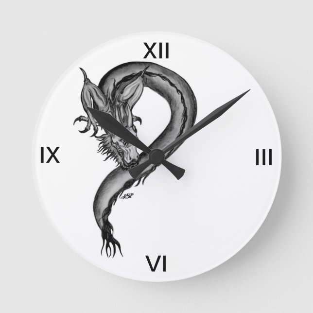 Dragon Schwarzweiß Design Runde Wanduhr (Vorderseite)