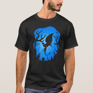 Dragon Silhouette Blue Background Forest Night Des T-Shirt