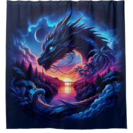 Dragon Silhouette gegen einen lebendigen Sonnenunt Duschvorhang
