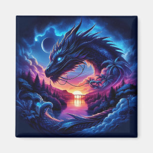 Dragon Silhouette gegen einen lebendigen Sonnenunt Magnet