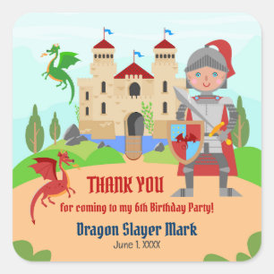Dragon Slayer Knight Boy Birthday Party Quadratischer Aufkleber
