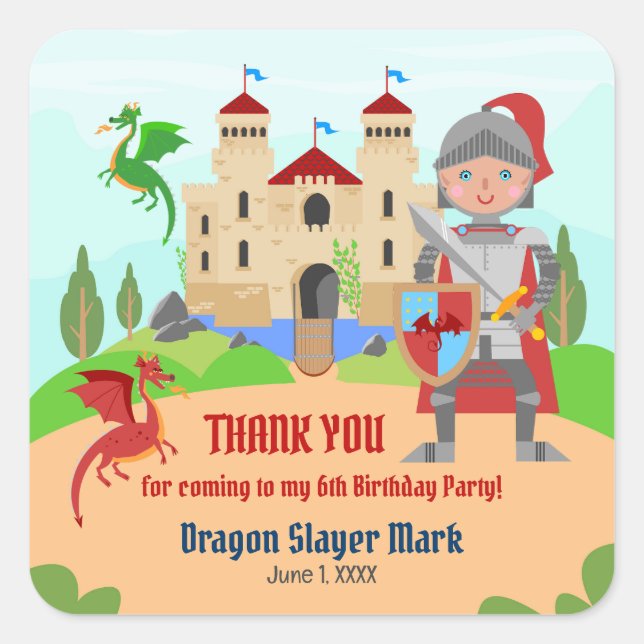 Dragon Slayer Knight Boy Birthday Party Quadratischer Aufkleber (Vorderseite)