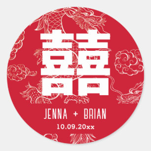 Dragon Style Double Happy Symbol Red Runder Aufkleber