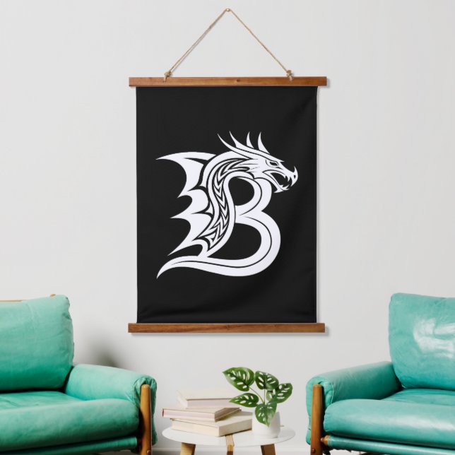 Dragon Styled Letter B, Dragon Alphabet, Monogram Wandteppich Mit Holzrahmen (Wohnzimmer)