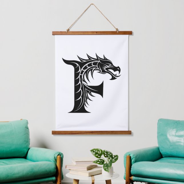 Dragon Styled Letter F, Dragon Alphabet, Monogram Wandteppich Mit Holzrahmen (Wohnzimmer)