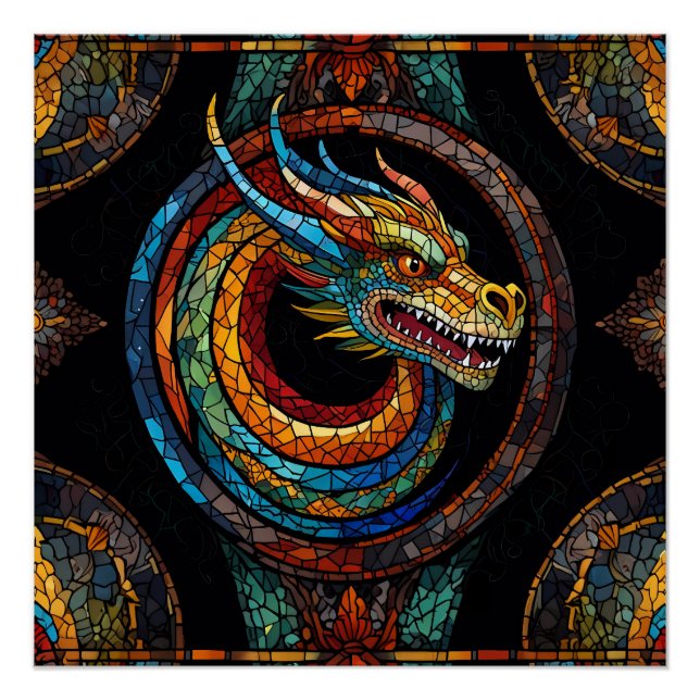 Dragon Swirl im mehrfarbigen Mosaikdesign Poster (Vorderseite)