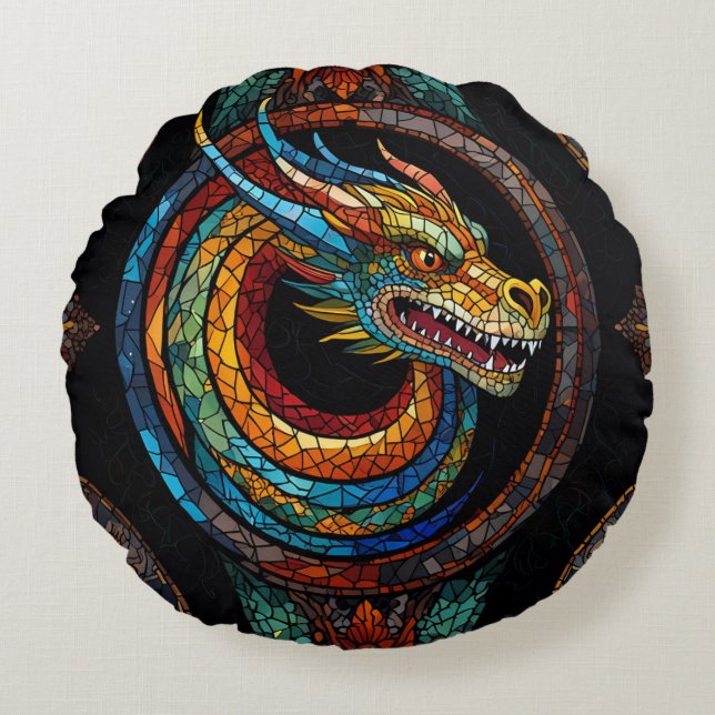 Dragon Swirl im mehrfarbigen Mosaikdesign Rundes Kissen (Vorderseite)
