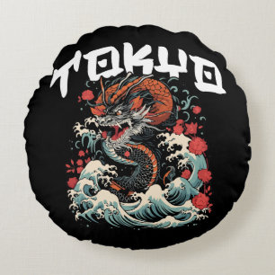Dragon tanzt japanische Retro Seascape Rundes Kissen