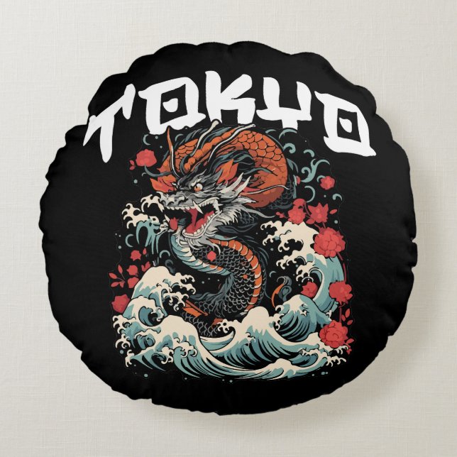 Dragon tanzt japanische Retro Seascape Rundes Kissen (Vorderseite)