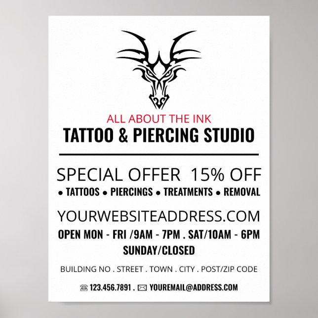 Dragon Tattoo, Tattoo & Body Piercing Studio Poster (Vorne)