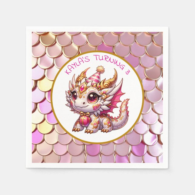 Dragon Themed Pink and Gold Personalisiert Geburts Serviette (Vorderseite)